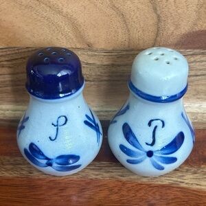 Vintage German Salt Glaze Salt & Pepper Shakers Cobalt Blue & Grey handpainted